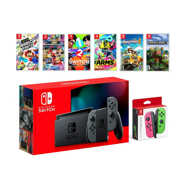 2019 New Nintendo Switch Gray Joy-Con Console Multiplayer Party Game Bundle + Neon Pink/Green Joy-Con, Super Mario Party, Mario 8 Deluxe, 1-2 Switch, Arms, Overcooked 2, Minecraft - Walmart.com
