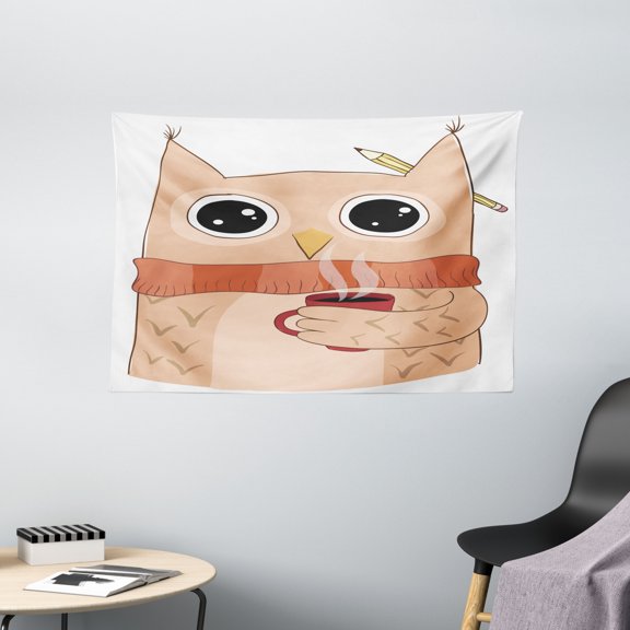 Modern Tapestry, Cute Owl with A Cup of Coffee and Scarf Student Midterms Humor Illustration, Wall Hanging for Bedroom Living Room Dorm Decor, 60W X 40L Inches, Cinnamon Sand Brown, by Ambesonne