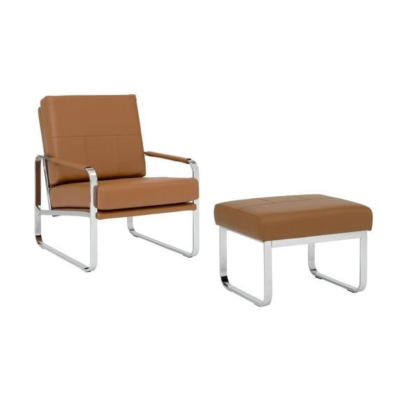 Studio Designs Home Allure Bonded Leather Accent Chair with Ottoman Set, Mid-Century Modern Lounge Chair & Footrest with Chrome Legs for Living Room or Office Guest Seating, Chrome / Caramel