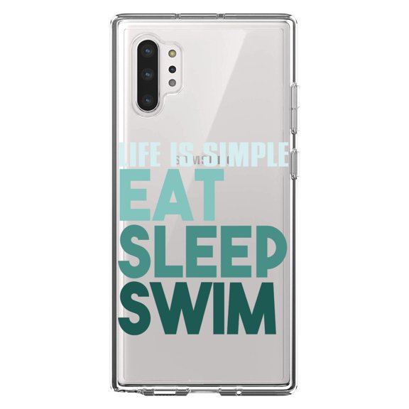 DistinctInk Clear Shockproof Hybrid Case for Galaxy Note 10 PLUS (6.8" Screen) - TPU Bumper Acrylic Back Tempered Glass Screen Protector - Life Is Simple Eat Sleep Swim