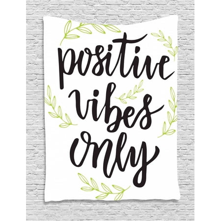 Positive Energy Tapestry, Positives Vibes Only Words and Outline Leafy Branches, Wall Hanging for Bedroom Living Room Dorm Decor, Apple Green Charcoal Grey White, by Ambesonne