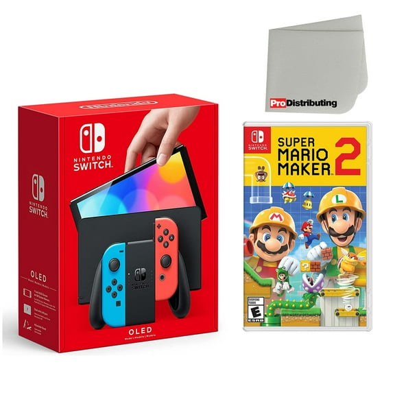 Nintendo Switch OLED Console Neon Red & Blue with Super Mario Maker 2 and Screen Cleaning Cloth