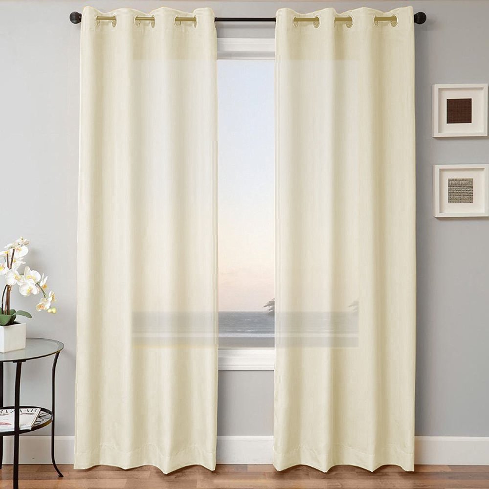2 PANEL MIRA SOLID IVORY BEIGE SEMI SHEER WINDOW FAUX SILK ANTIQUE BRONZE GROMMETS CURTAIN