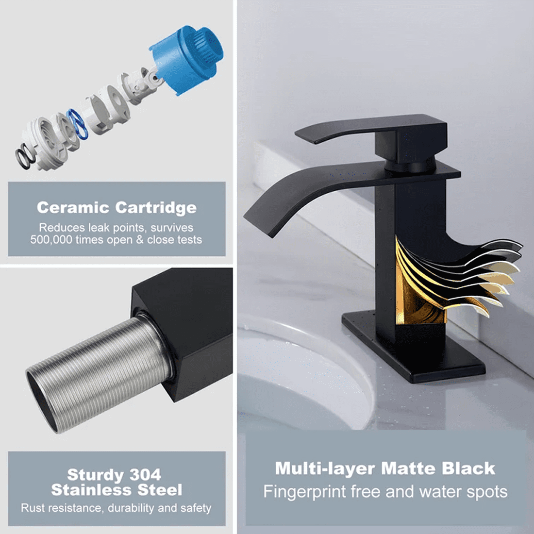 WOWOW Black Waterfall Bathroom Faucet Single Handle Faucet for Bathroom Sink