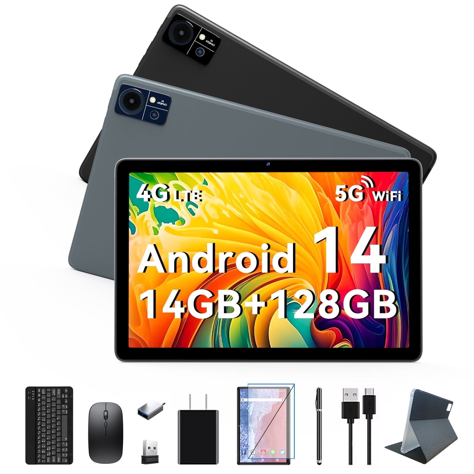 10.1in Android 14 Tablet 14gb RAM 128gb ROM, Octa-Core 4G Cellular Tablet with keyboard, FHD IPS Incell Screen, Wifi, GPS,13MP+8MP, 8000mAh