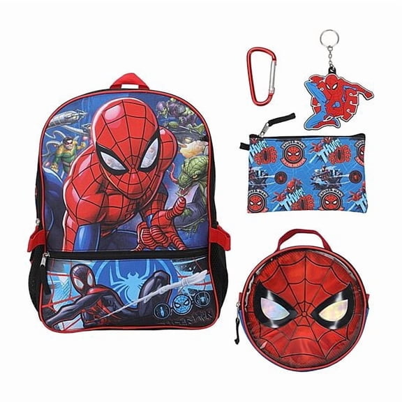 Marvel Spider-Man 5 Piece Backpack Set Lunch Bag Pouch Carabiner Keychain Kids