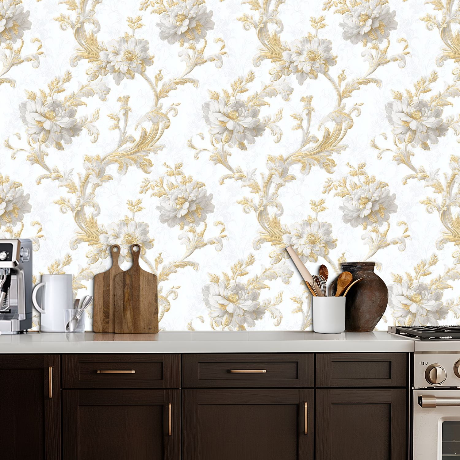 Vintage Peel and Stick Wallpaper 17.7in x 9.8ft Elegant Floral White Gold Flowers Light Contact Paper Vinyl Self-Adhesive Removable Wall Paper for Bedroom Kitchen Cabinet Décor Renter Friendly