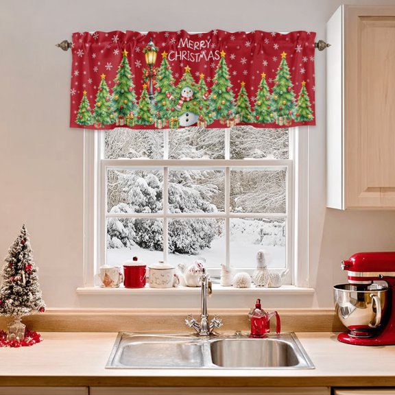Kitchen Valances for Window, Christmas Tree Snowman on Red Light Filtering Rod Pocket Valance Curtain, Winter Snowflake Xmas Trees Short Curtains Window Topper for Bedroom 42x12in