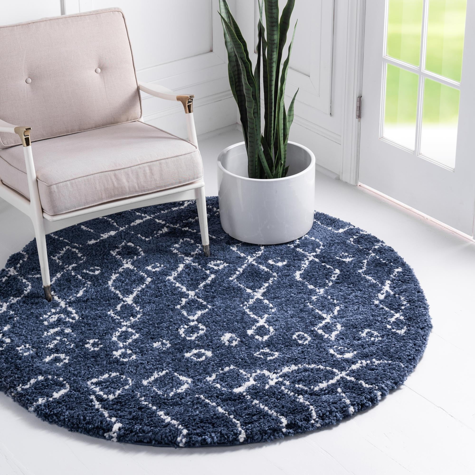Unique Loom Geometric Rabat Shag Rug Navy Blue/Ivory 5' 3" Round
