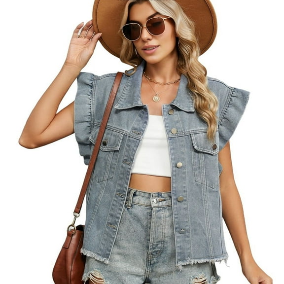 Women's Button Down Denim Vest, Solid or Leopard Print, Features Flap Pockets and Wood Cuff Decor, Casual Outerwear Blue M