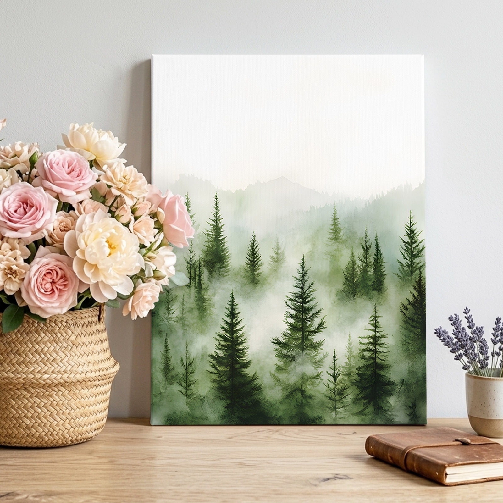 Retro Trees Plants Canvas Wall Art Watercolor Green Forest Mountains Pictures Wall Decor Wooden Framed Artwork Art Prints for Living Room Hallway Bedroom Office 12 x16