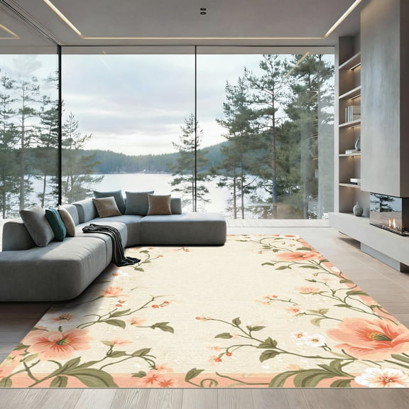 ODIKA 4'x6' Machine Washable Non-Slip Area Rug, Cottagecore Cream High Traffic Rug, Beige, 1086239