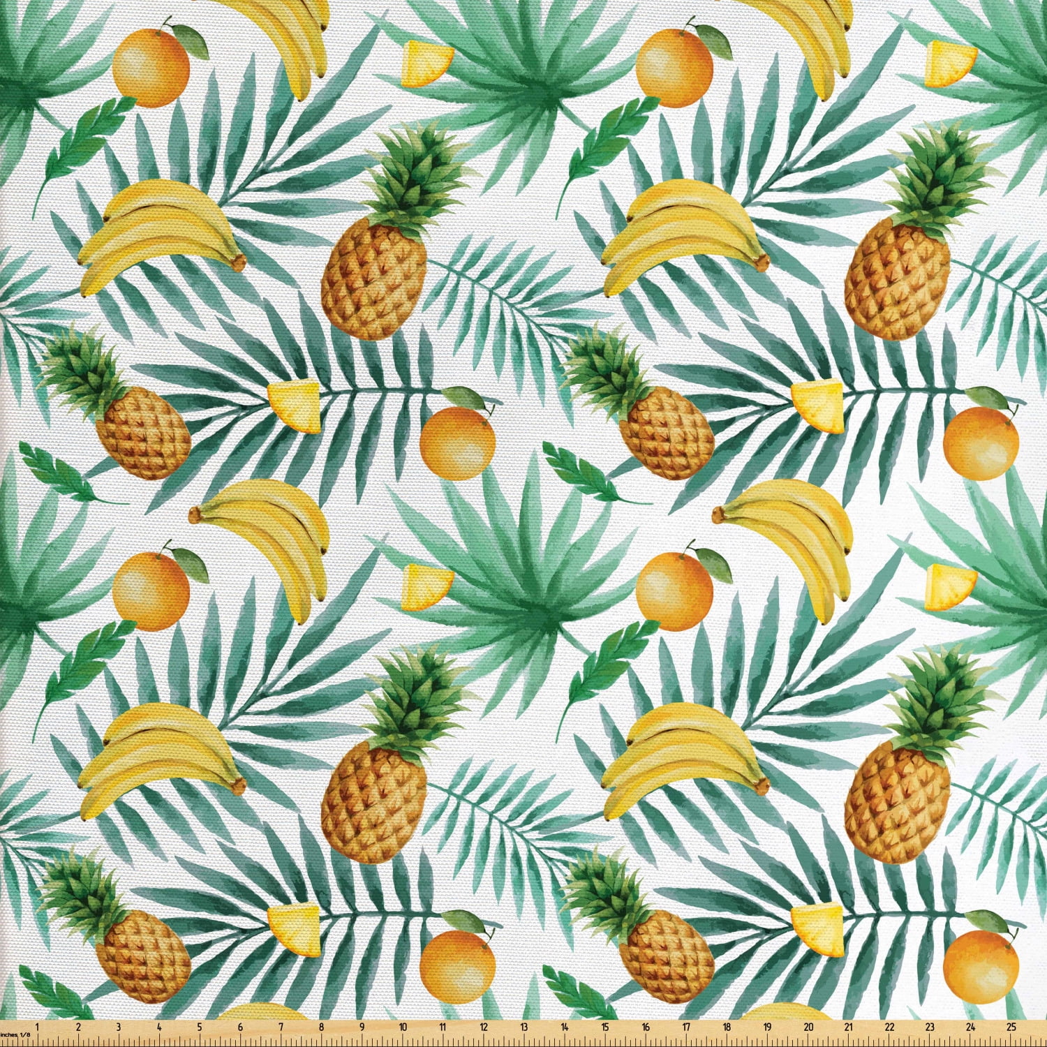 Watercolor Fabric by The Yard, Exotic Fruits Pattern Pineapples Bananas