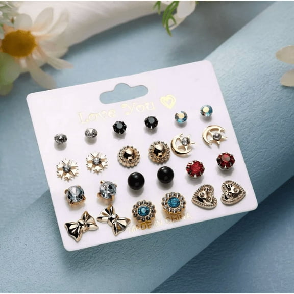 Mixed Shape Stud Earrings, Cubic Zirconia, 12 Pairs