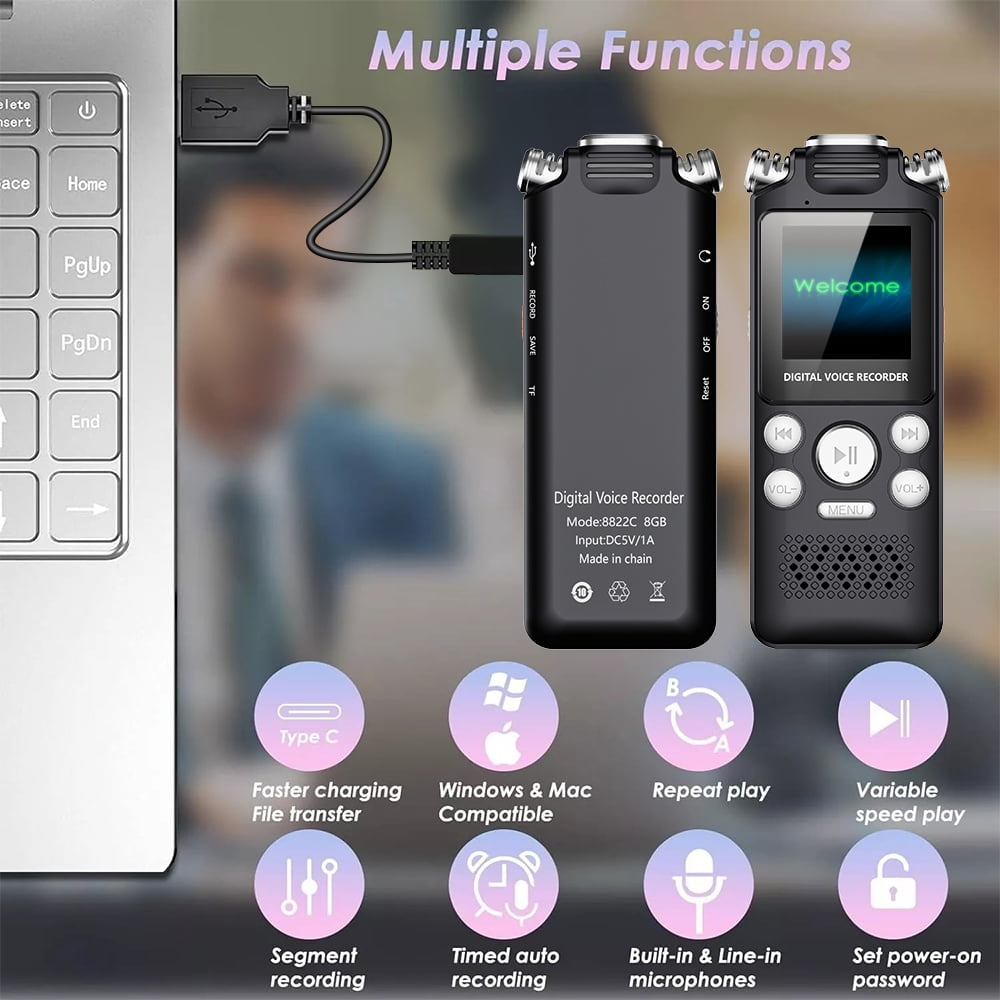 Wiher Portable Digital Voice Recorder With Playback Function 32GB Voice Activated Recorder Password Protection Noise Reduction MP3 Type-C for Lectures, Meetings Device, Interviews