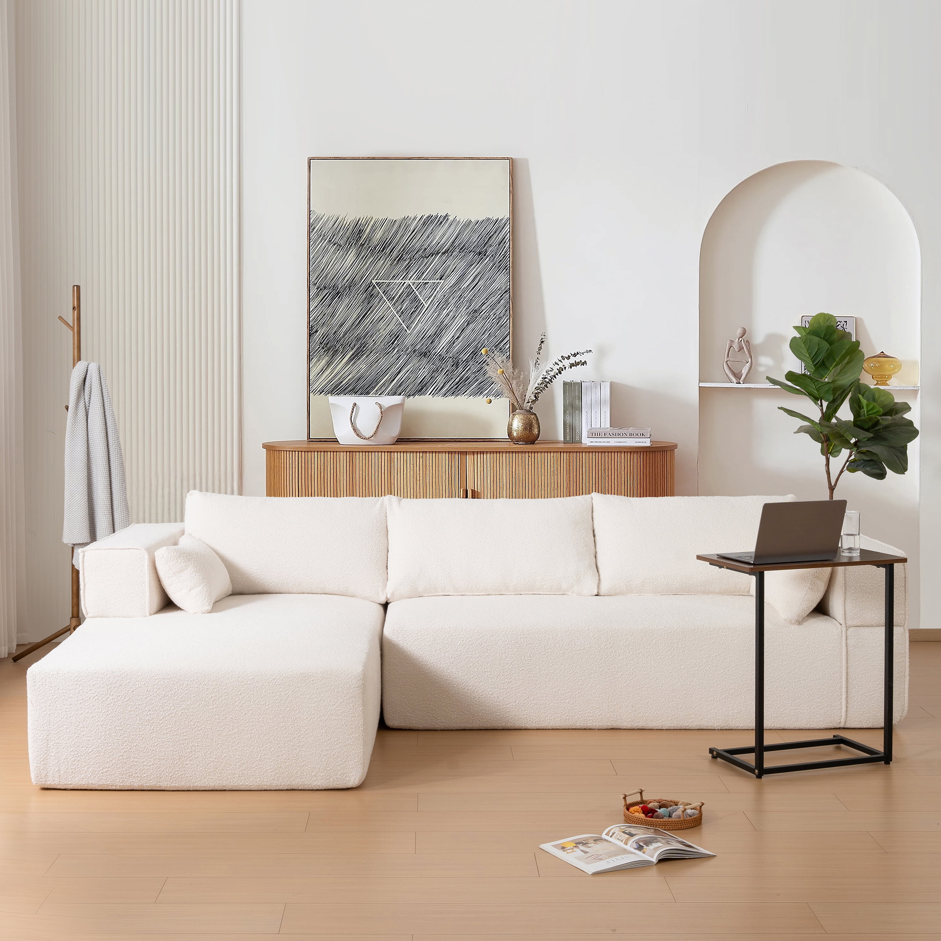 MAYEERTY 112" L-Shaped Modular Boucle Sectional Sofa - With Side Table, Wrinkle-Resistant, No Assembly, 3 Colors