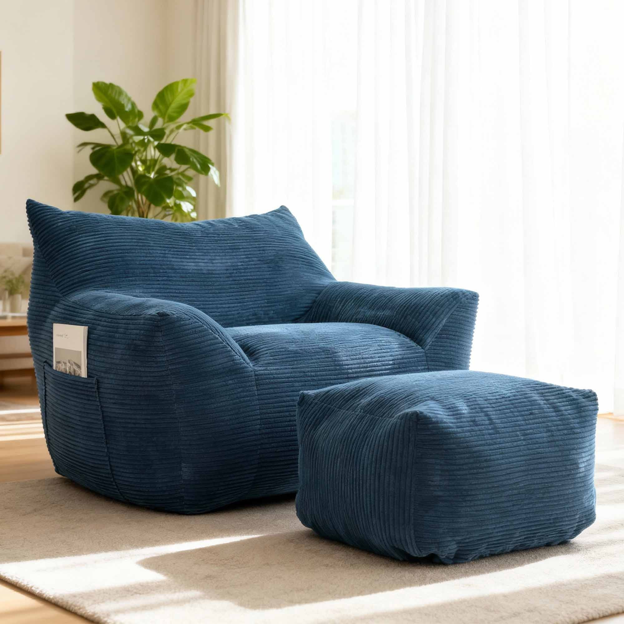Lunale Oversized Bean Bag Chair with Ottoman, Boneless Lazy Sofa Chair for Bedroom, Living Room, Blue Corduroy