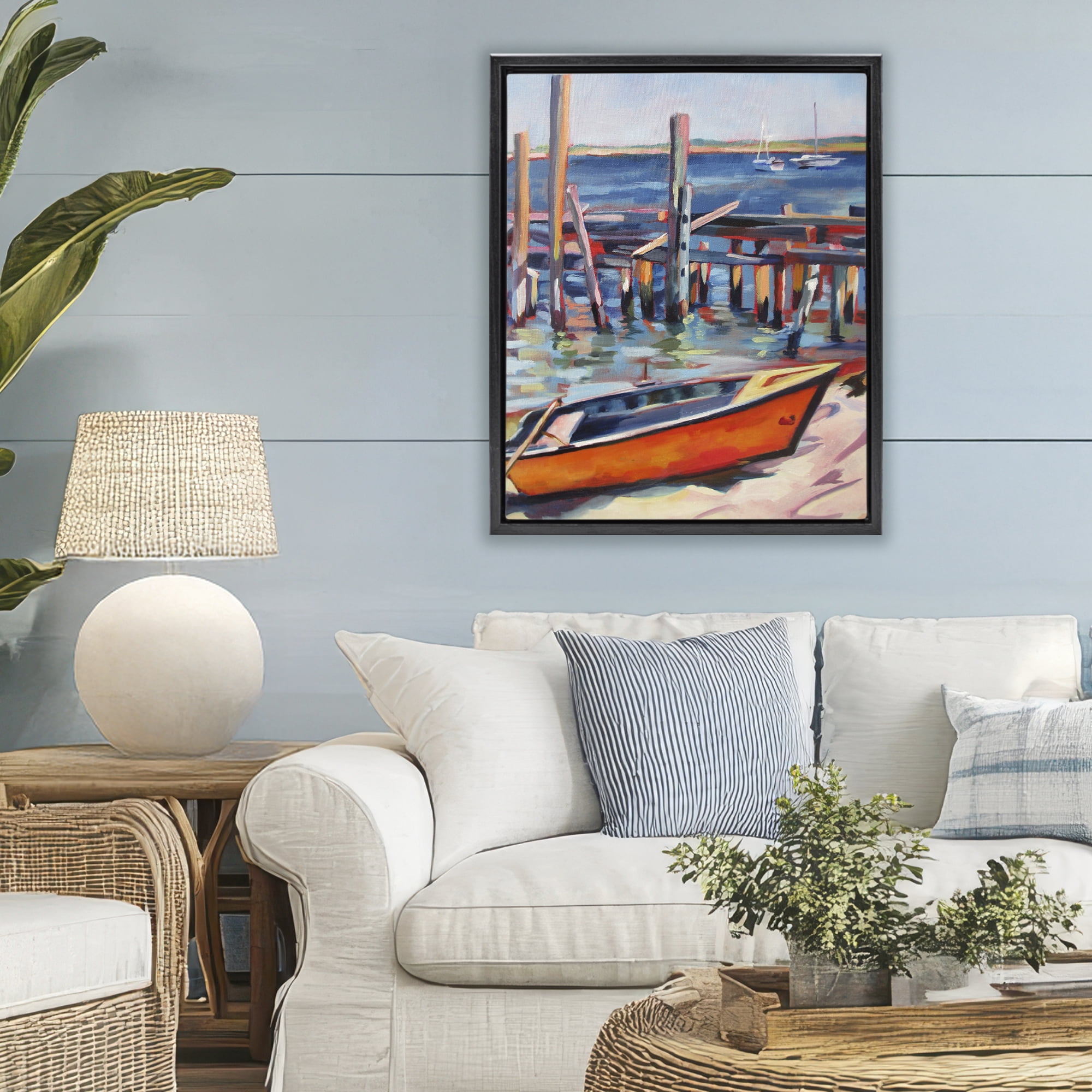 Stupell Industries Provincetown Harbor Boat Black Framed Floater Canvas Wall Art, design by Maxine Shore
