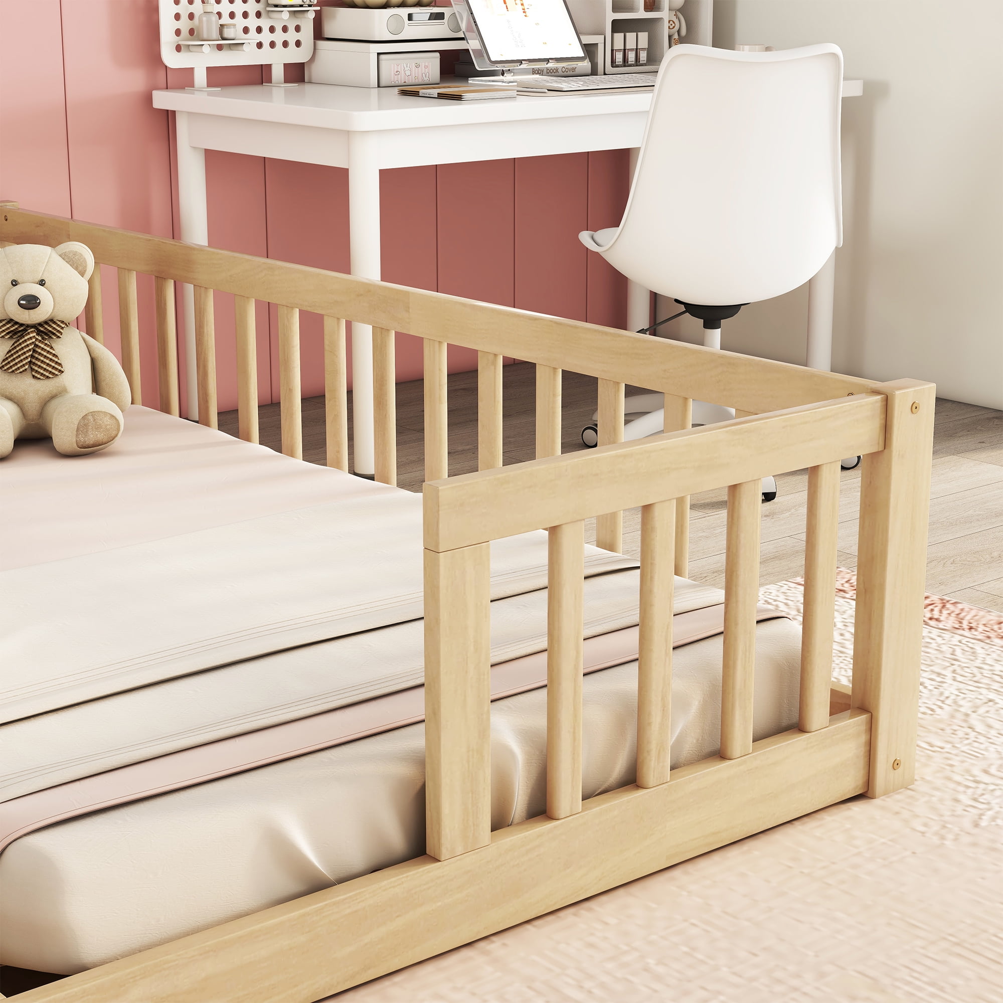 Double Twin Floor Bed with Fence, Guardrails, Without Door, Natural