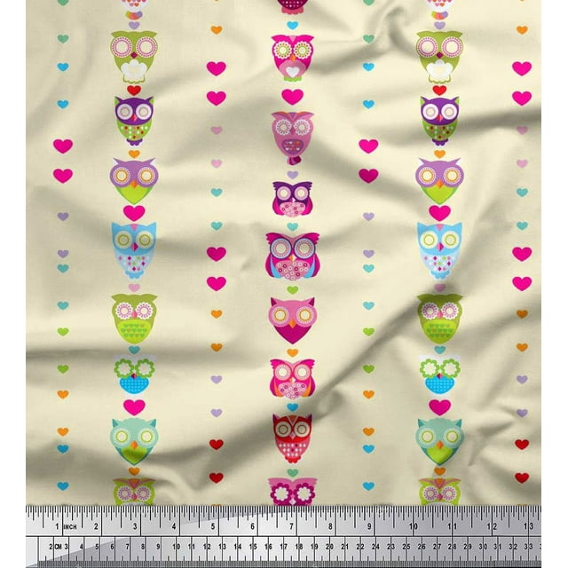 Soimoi Modal Satin Fabric Heart & Owl Kids Print Fabric by The Yard 42 Inch Wide