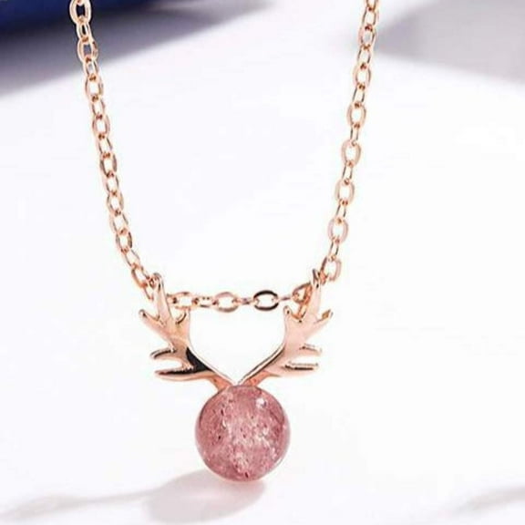 Strawberry Crystal Deer Elk Shaped, 925 Silver Pendant Reindeer Necklace