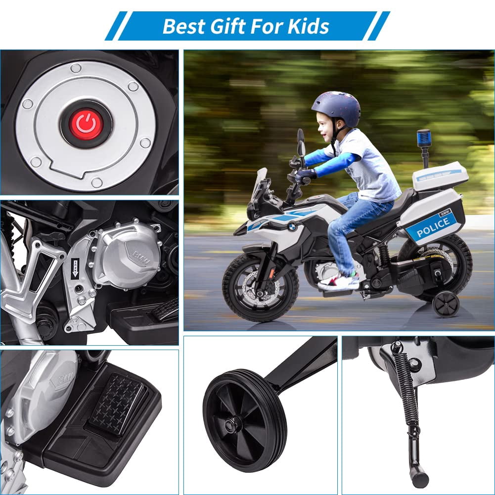M optimized 12V Ride On Police Motorcycle for Kids 3-8, Electric Ride on Car with Training Wheels, EVA Tire, Warning Lights