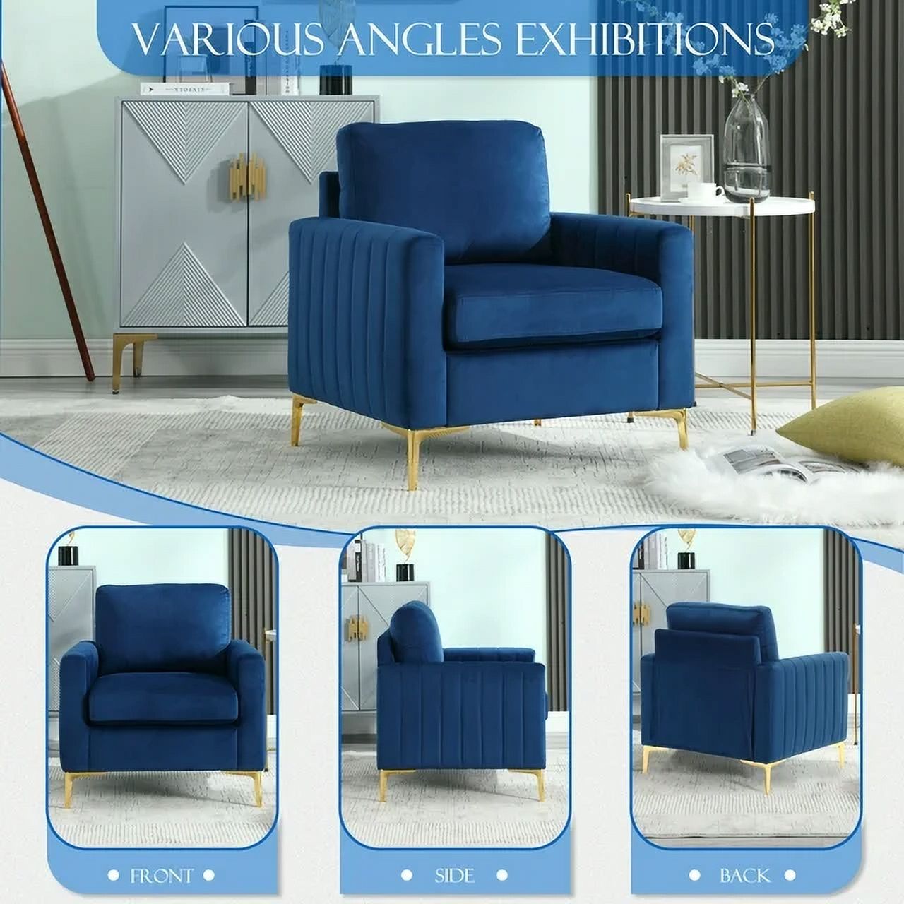 Muumblus 3 Pieces Velvet Living Room Furniture Sets, Modern Two Single Sofa Chairs and One 3-Seater Sofa Couch, Navy Blue