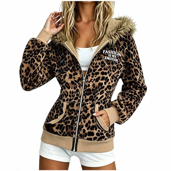 Uobin Women Y2K Leopard Print Zip Up Hooded Jacket, Faux Fur Trim Hood Letter Embroidery Long Sleeve Casual Fall Winter Outerwear