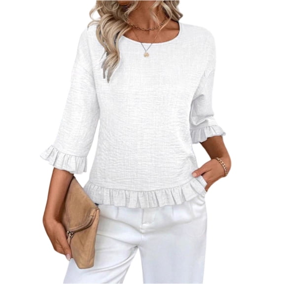 Womens Ruffle Flowy Crew Neck Dressy Casual Blouses 3/4 Sleeve Tops Summer T shirts 2026 Trendy Cute Work Clothes M