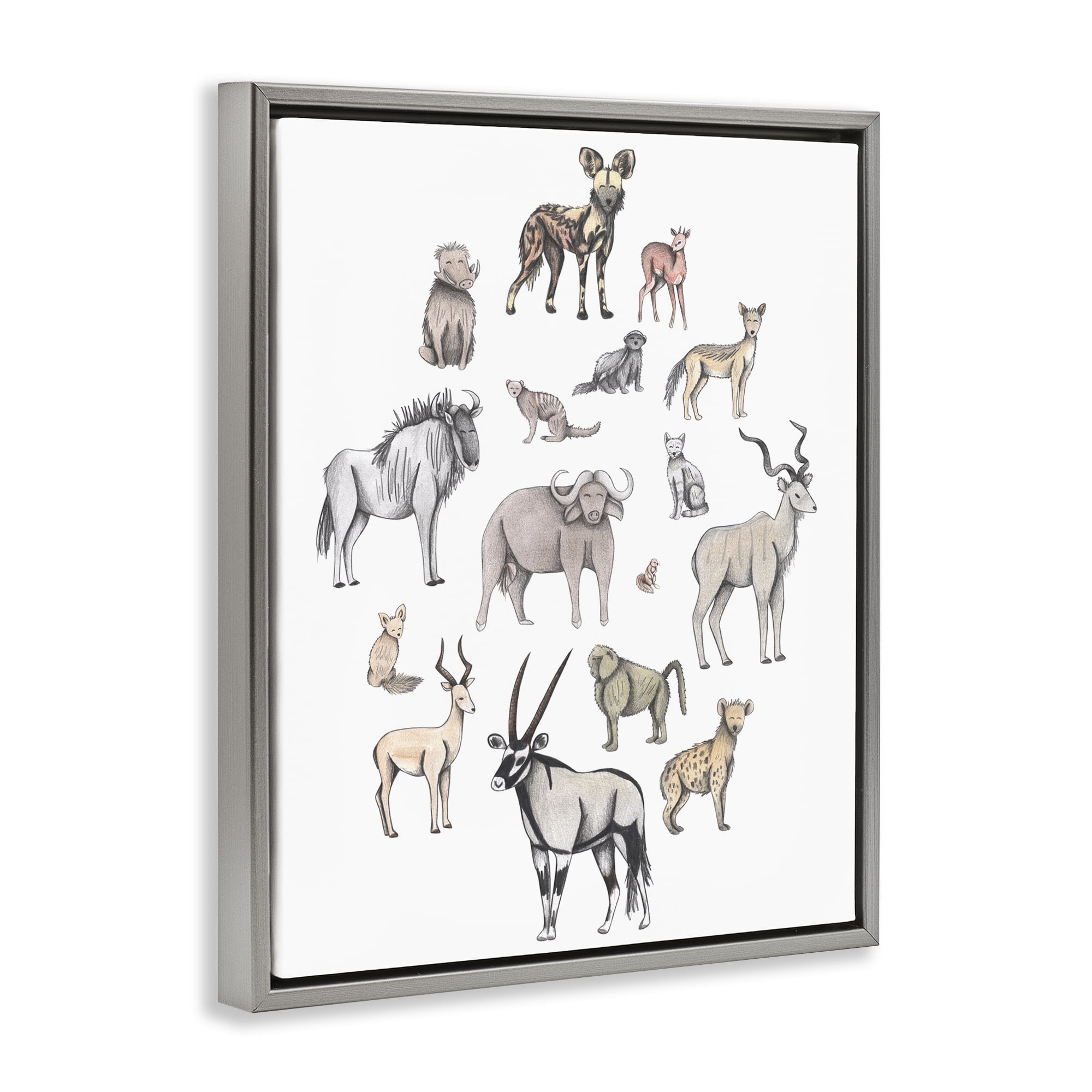 Simple Africa Animals Gray Framed Floater Canvas Wall Art, design by Cecilia Battaini