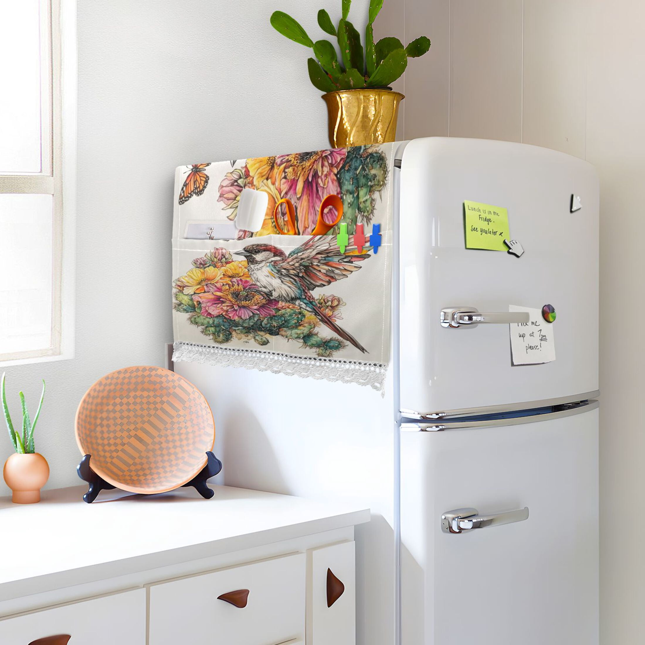 Sparrow with Cactus FlowerWasher and Dryer Covers Dust-Proof and Oil Resistant Fridge Cover with 4 Storage Pockets Washing Machine Top Cover for Laundry Kitchen Home 51.2 x 22 In