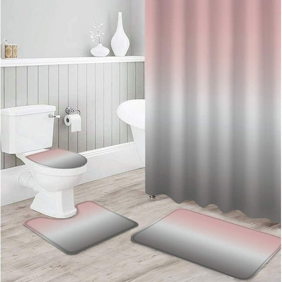 4PCS Pink Grey Ombre Shower Curtain Set with Rugs, Toilet Lid Cover and Bath Mat, Gradient Color Shower Curtain with 12 Hooks, Durable Bathroom Decor Set