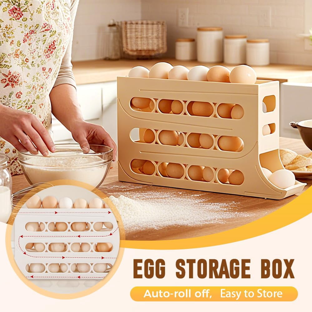 4-Tier Rolling Egg Dispenser for Fridge, Holds 30 Eggs, Plastic Space-Saving Egg Organizer