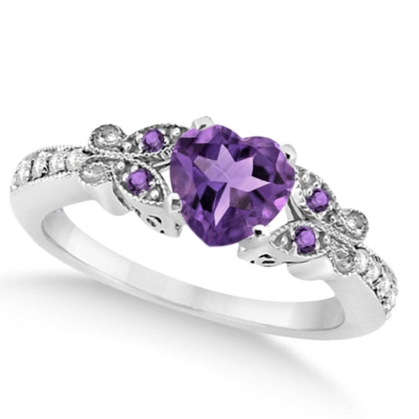 Sterling Silver Amethyst Twin Heart & Diamond Engagement Ring Sizes J W 
