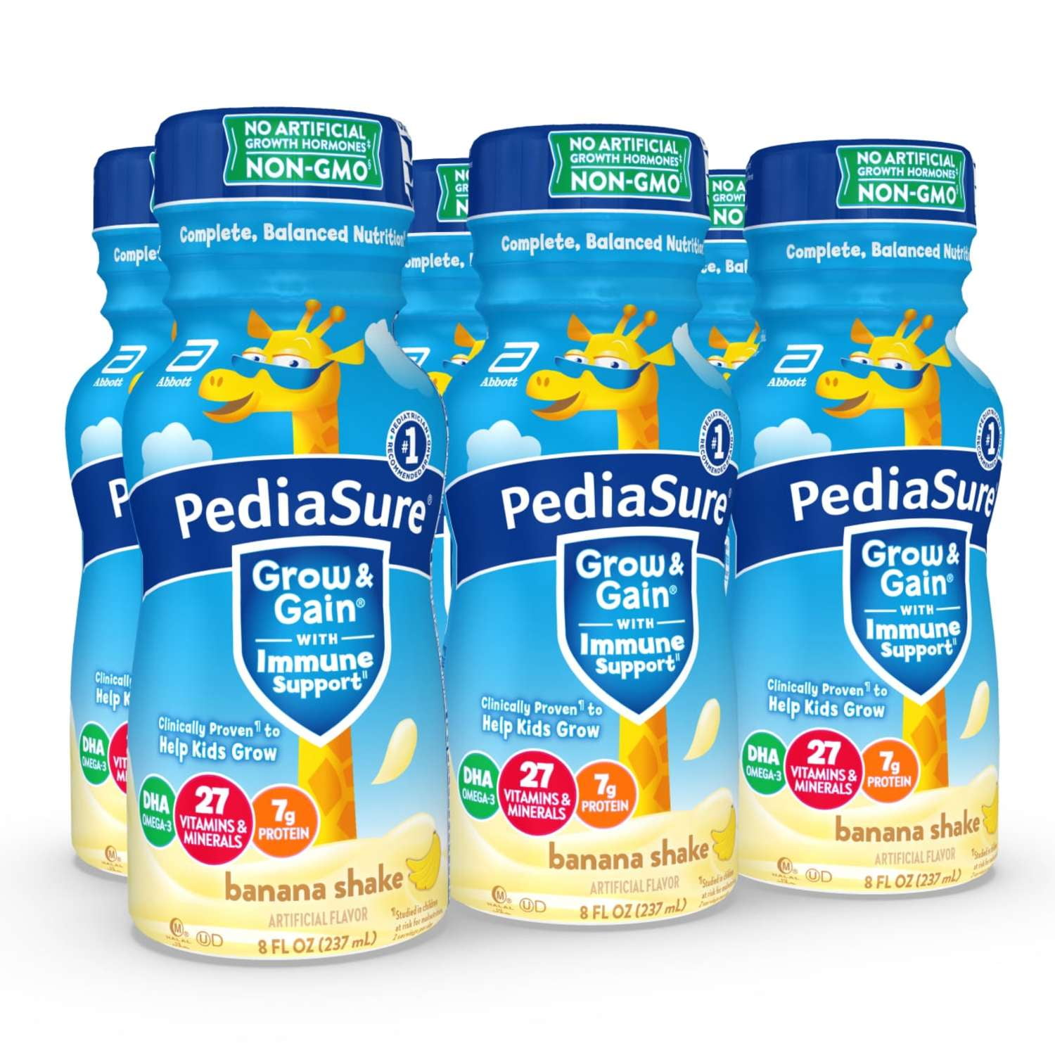 PediaSure Grow & Gain with Immune Support, 7g Protein, Banana, 8-fl-oz Bottle, Pack of 6