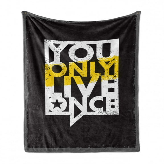YOLO Soft Flannel Fleece Throw Blanket, Contemporary Style Message on Life in a Speech Bubble Grunge Background, Cozy Plush for Indoor and Outdoor Use, 60" x 80", Black White and Yellow, by Ambesonne
