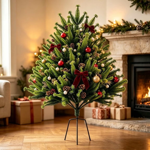 Christmas Tree Metal Ground Stake Stand, Black Iron Floor Mount Holder for Outdoor Artificial Tree Topiary Ball Ornament, Holiday Yard Garden Decor Support Frame