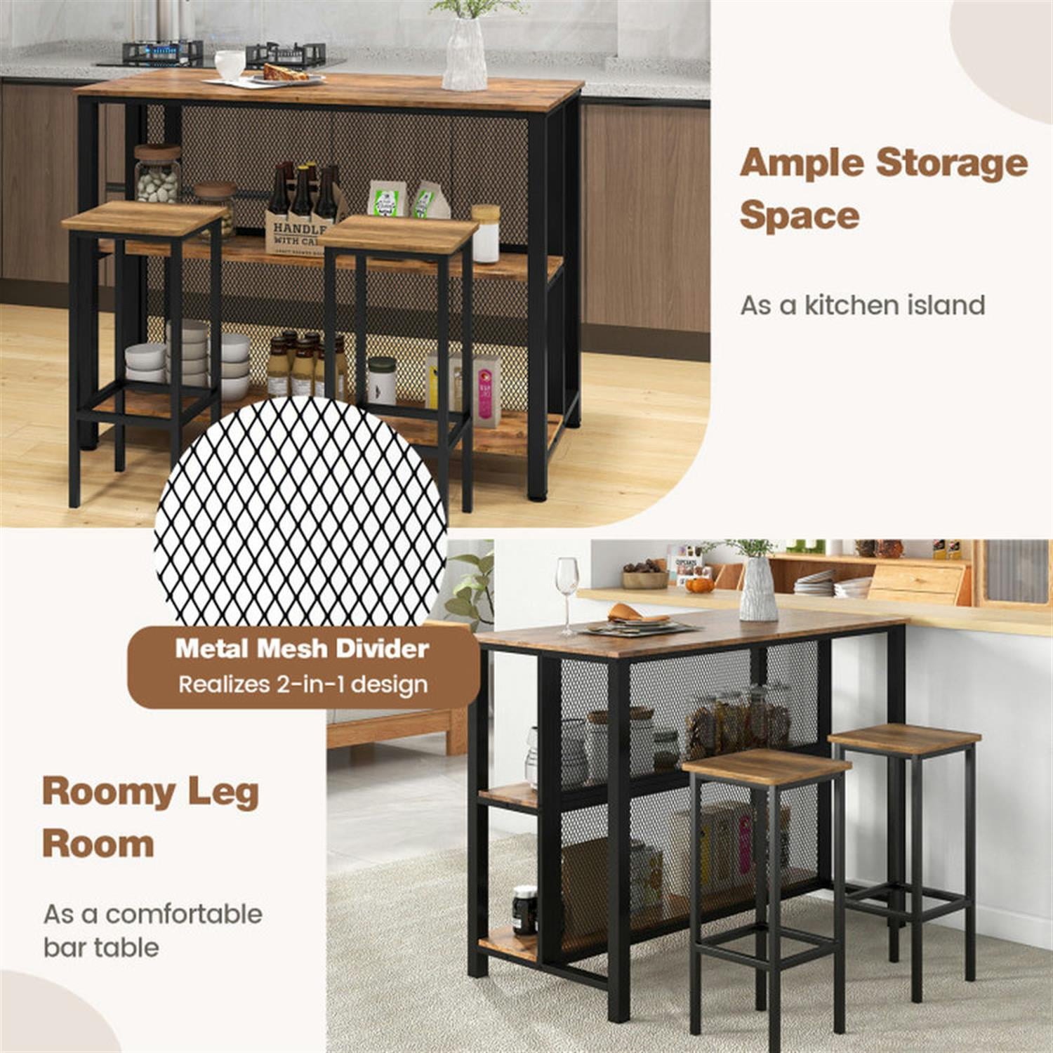 Demi Bonn 36" 3-Tier Bar Table with Storage Metal Frame Adjustable Foot Pads for Kitchen, Dining Room, Dinette, Breakfast Nook, Brown
