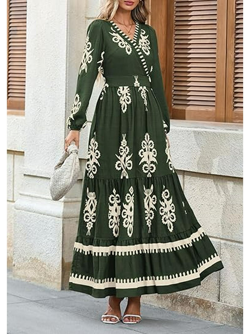 Women's Midi Dress Casual Dress Swing Dress A Line Dress Boho Dress Casual Daily Regular Fit Floral Long Sleeve V Neck Green Spring Fall