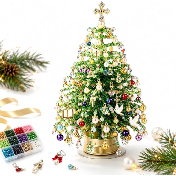 DIY Beaded Christmas Tree Kit, 3D Crystal Holiday Craft Set for Adults, Colorful beads and wire, Sparkling Christmas Decoration for Adults, Family Christmas Activit