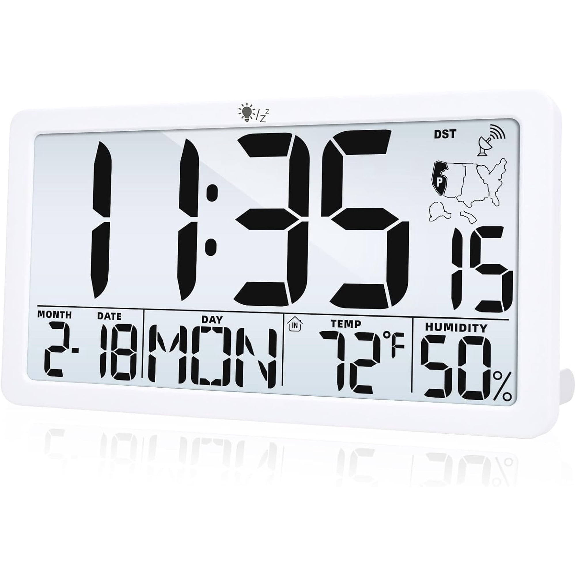 Atomic Digital Wall Clock, Large 9.72 LCD Clock with Backlight, Date, 8-Language Weekday, Temperature Humidity, Auto DST, Wall Mount & Tabletop Operated for Office-White