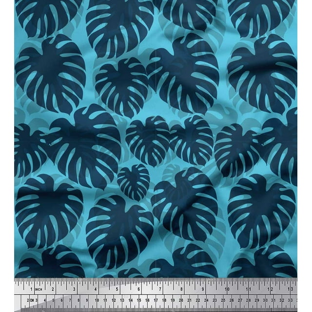 Soimoi Blue Georgette Viscose Fabric Monstera Leaves Decor Fabric Printed Yard 42 Inch Wide
