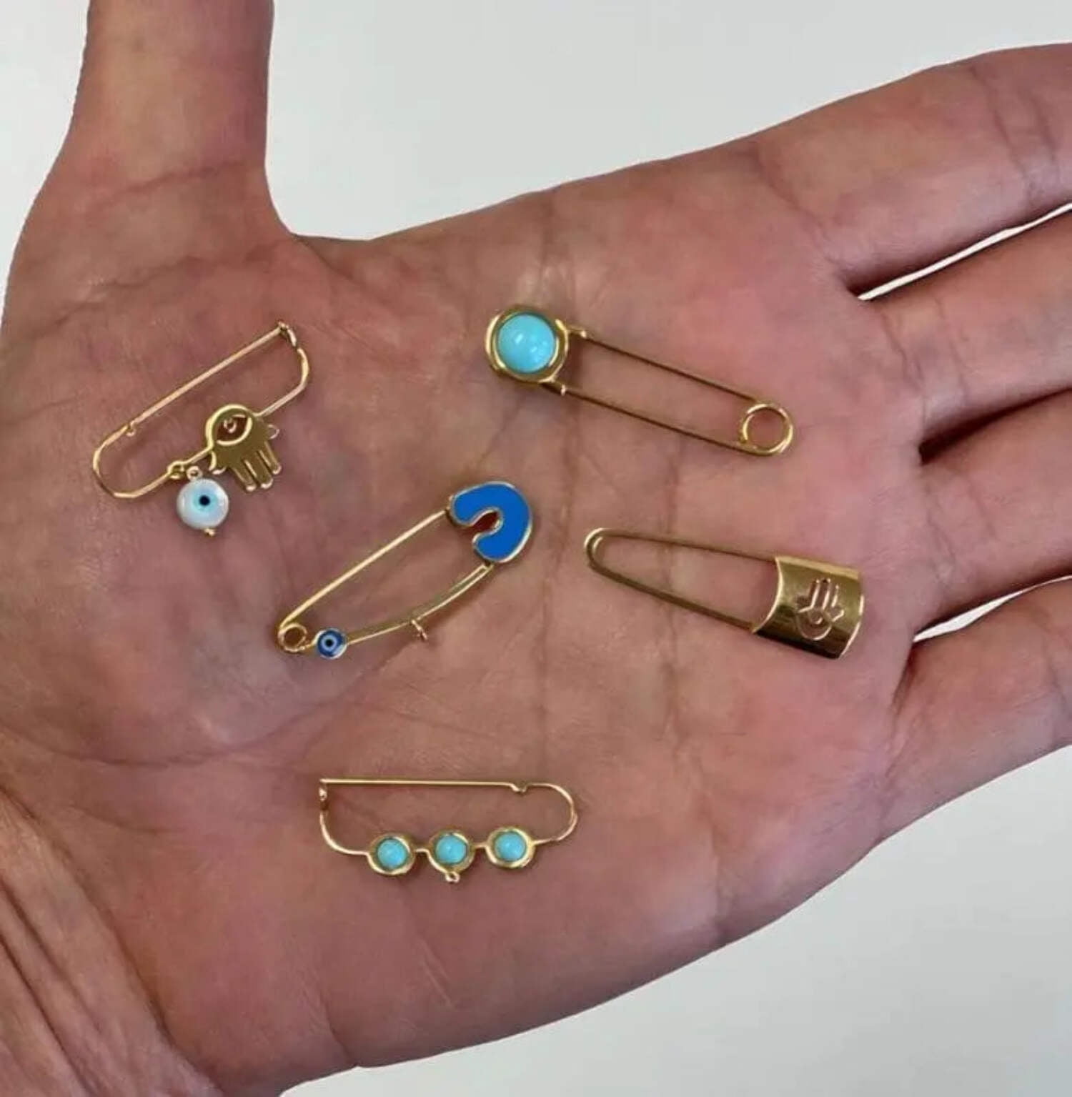 18k Solid Yellow Gold Turquoise Bead Safety Pin 1.25 inches