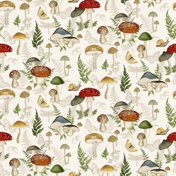 Cotton Woodland Whimsy Mushroom Fern Butterfly Forest Acorns Springs Creative Cotton Fabric Print by the Yard (2034-0048)
