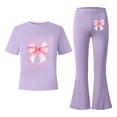 thumbnail image 5 of FINALGANG Girls Outfit Bow Print 2 Piece Casual Set Short Sleeve Crewneck Top Stretch Flared Pants Outfit For Daily Outdoor Street Wear, 5 of 5