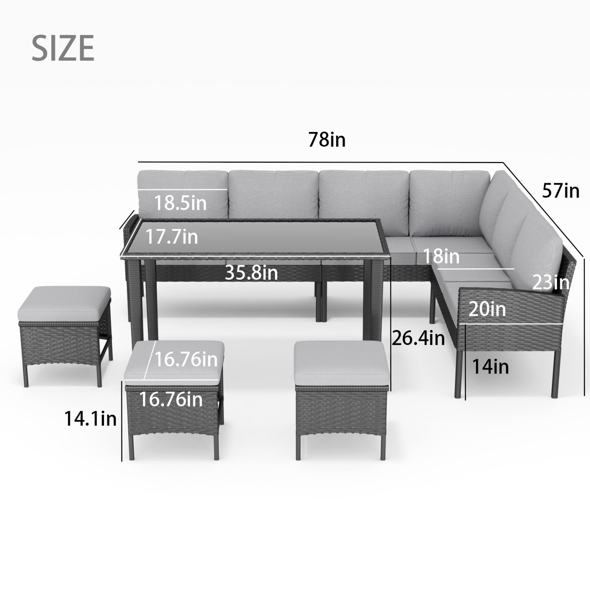 Leumius Patio Furniture Set,7-Piece Outdoor Sectional Sofa with Tempered Glass Table,Rattan Outdoor Conversation Set for Backyard & Porch,Garden,Gray