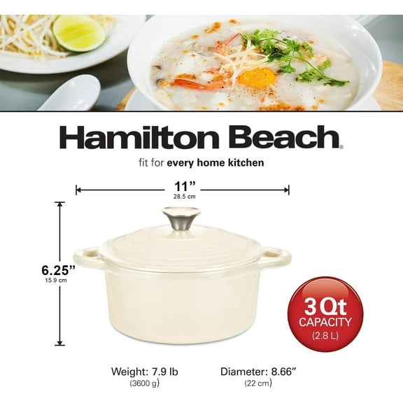 Enameled Cast Iron Dutch Oven Cream 3-Quart with Even Heat Distribution & Easy Grip Handles