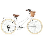 Glerc Missy 24 Girl Cruiser Kids Bike Shimano 6-Speed Teen Hybrid City Bicycle with Rack for Youth Ages 7 8 9 10 11 12 13 14 Years Old Wicker Basket & Lightweight, White