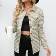 thumbnail image 3 of Defitshape Women's Houndstooth Plaid Long Sleeve Shirts Button Donw Shirt V Neck Loose Fit Khaki 12, 3 of 5