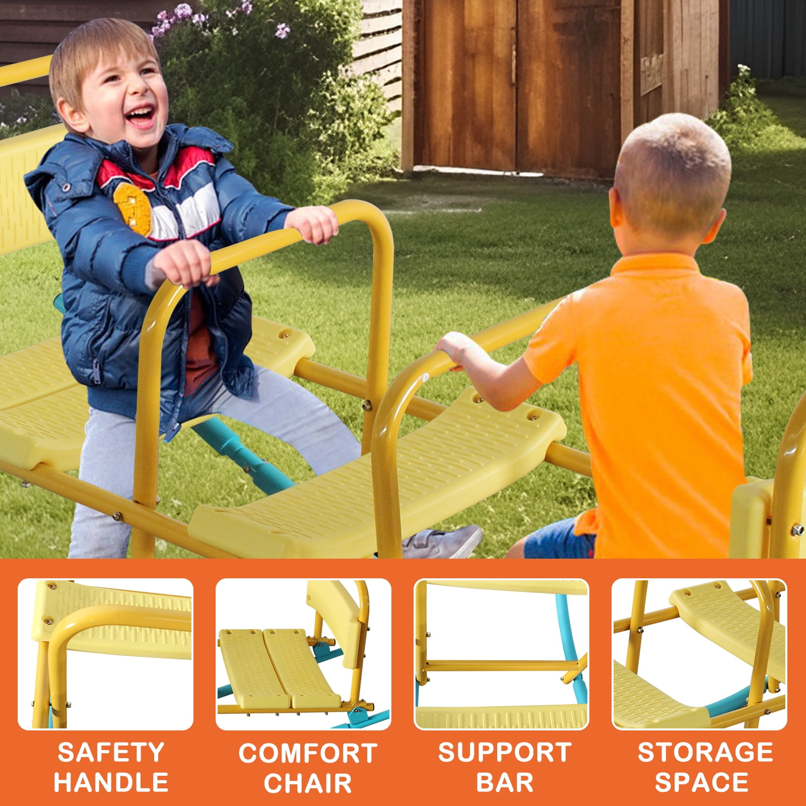 Kindergarten Children Outdoor Rocking Horse, Double or Triple 3-Seat Seesaw Playground Equipment with Safety Handles & Backrest for Kids Ages 3+